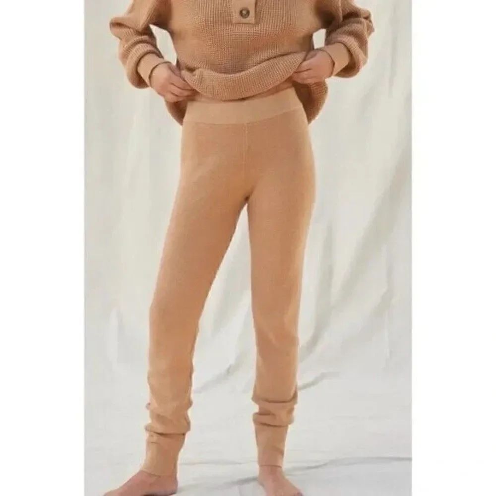 LUNYA Cozy Cotton Silk Waffle Knit Lounge Pants Beige Tan